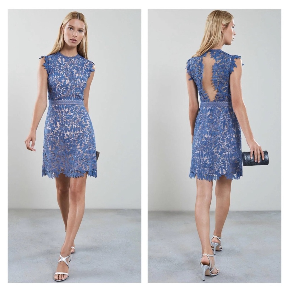 REISS Maika Open Back Blue Lace Dress, size US 8